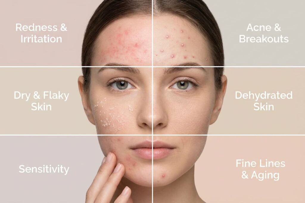 A girl representing a damaged skin barrier signs with skin issues like sensitivity, redness, breakouts, fine lines etc.