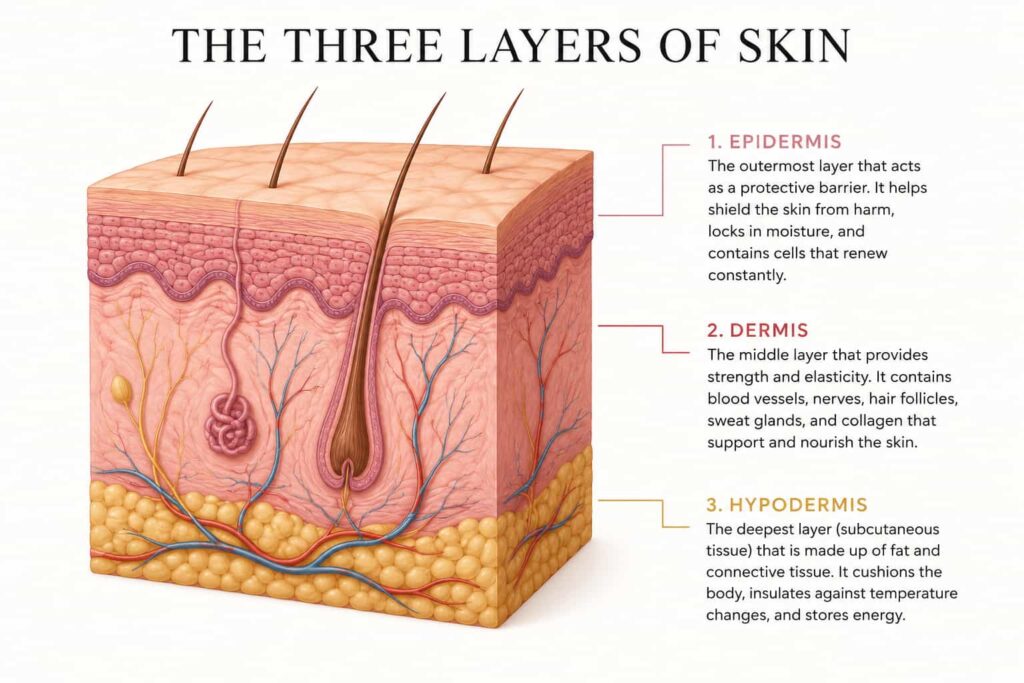 an image represnting the three layers of skin i.e. epidermis, dermis and hypodermis