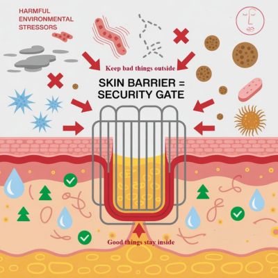 A visual representation of skin barrier as skin’s security gate, protecting the skin from harmful substances and keeping good things like hydration and moisture inside.